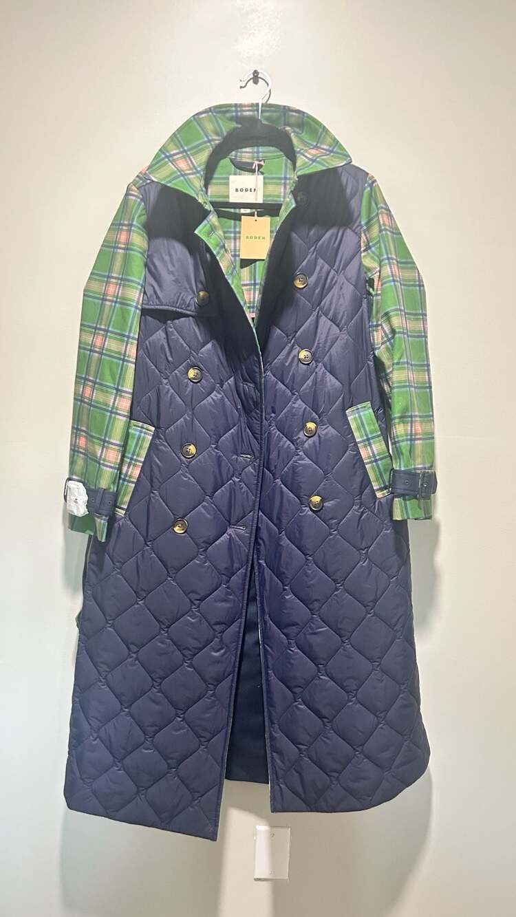 Boden Navy and Green Plaid Quilted Trench Coat